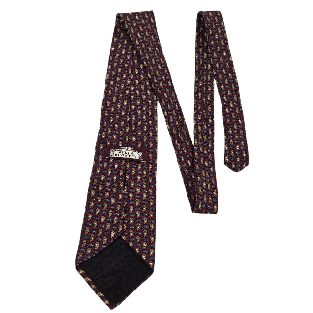 VILLA BUGATTI Paisley Silk Tie Burgundy Blue Tan Men's Necktie Designer Office